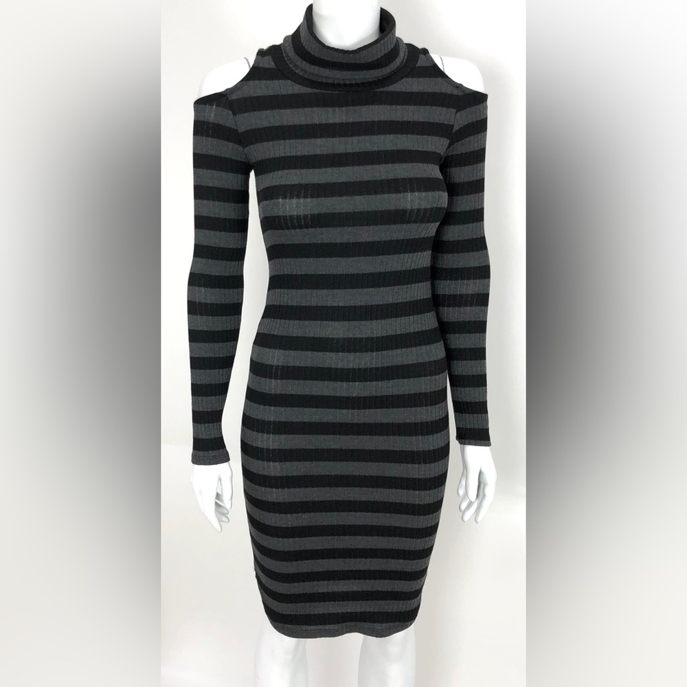 Solemio Cold Shoulder Knit Dress very fitted Black Gray Stripe